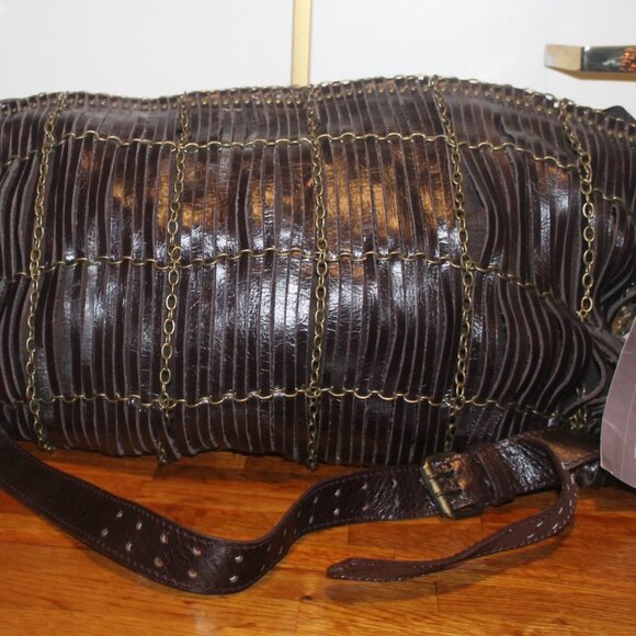 $398 MONSERAT DE LUCCA Anthropologie Stripped Leather & chain Crossbody Shoulder - Picture 1 of 8